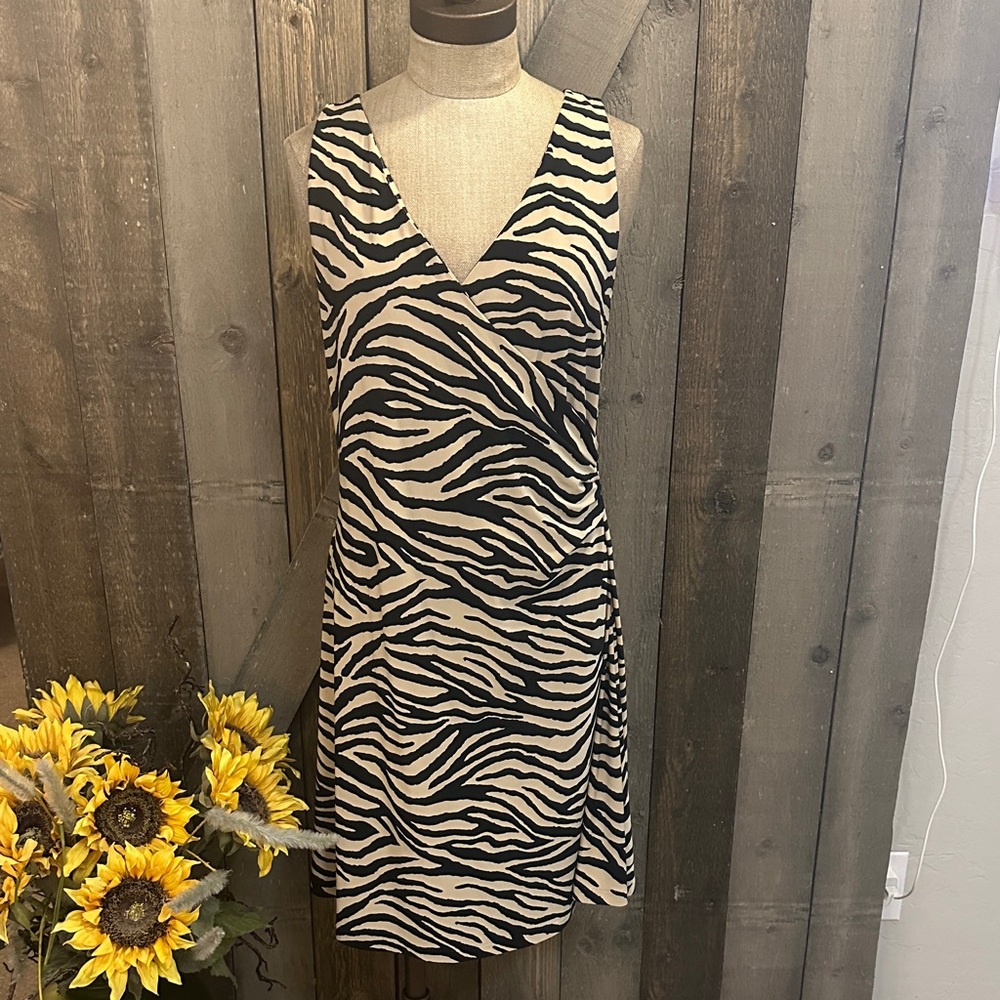 Lauren Ralph Lauren Zebra Print Ruched Wrap Style Dress Petite Medium